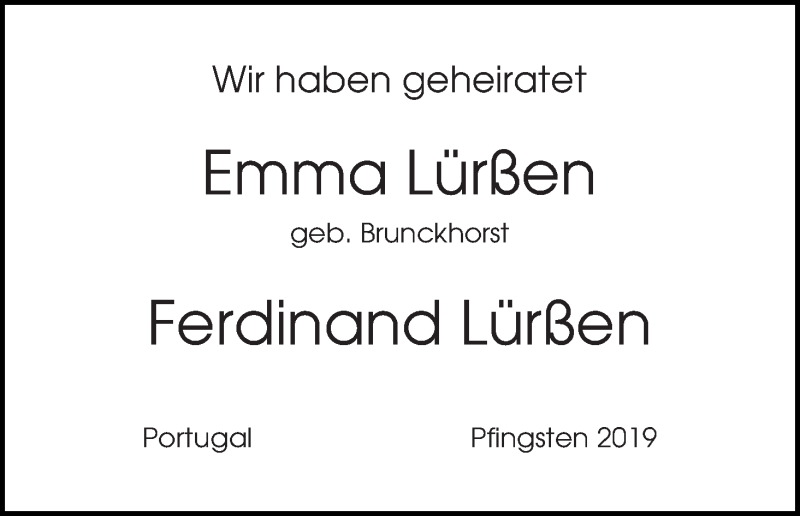 Hochzeitsanzeige von Emma Lürßen von WESER-KURIER
