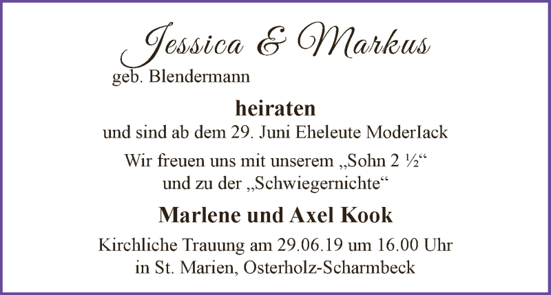 Hochzeitsanzeige von Jessica ModerIack von Osterholzer Kreisblatt