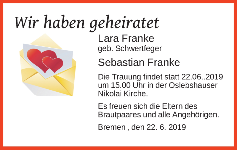 Hochzeitsanzeige von Lara Franke von WESER-KURIER