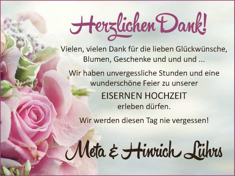 Hochzeitsanzeige von Meta Lührs von Wuemme Zeitung