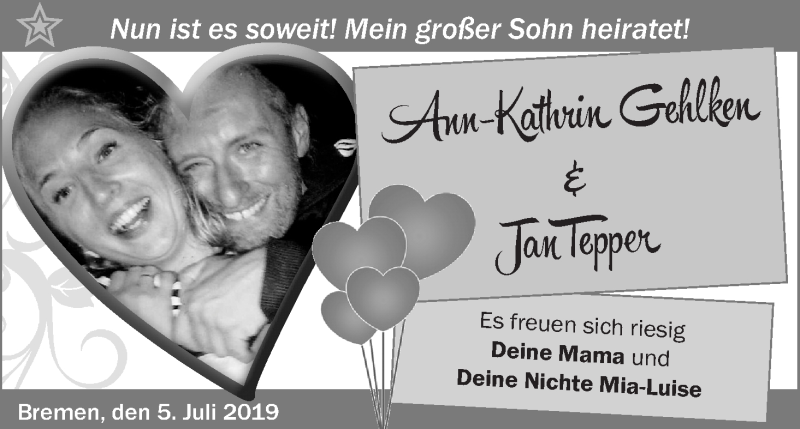 Hochzeitsanzeige von Ann-Kathrin Gehlken von Osterholzer Kreisblatt