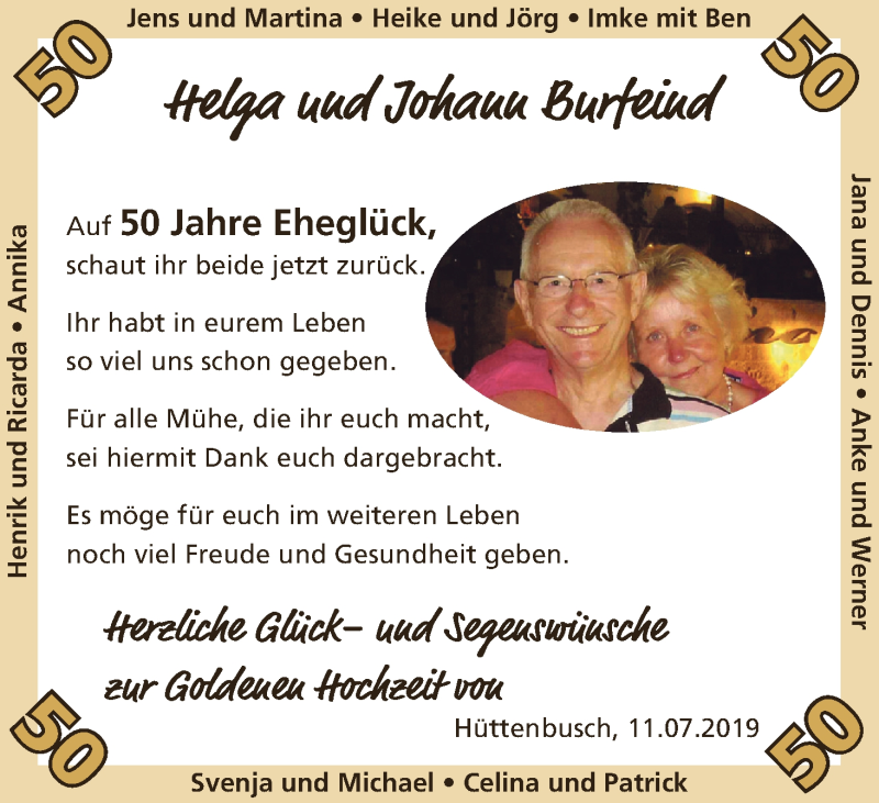 Hochzeitsanzeige von Helga Burfeind von Wuemme Zeitung