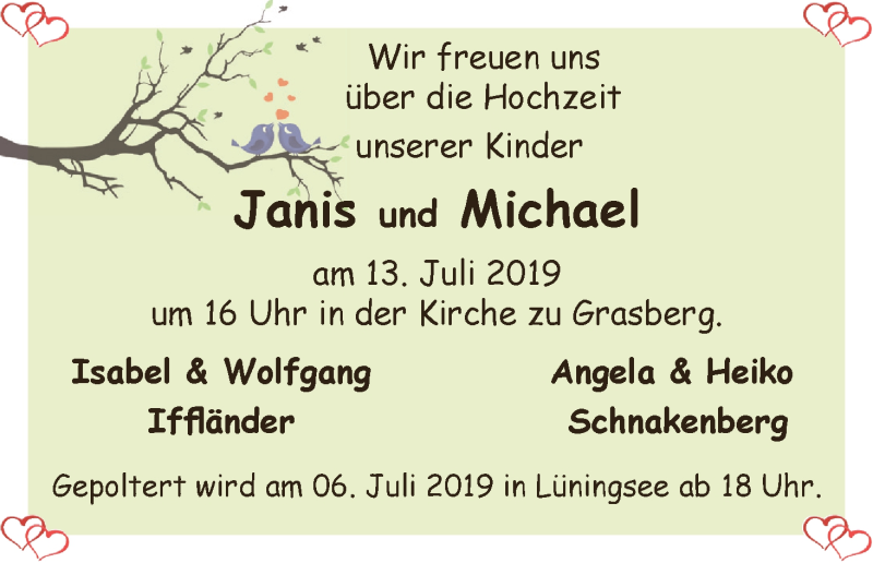 Hochzeitsanzeige von Janis  von Wuemme Zeitung
