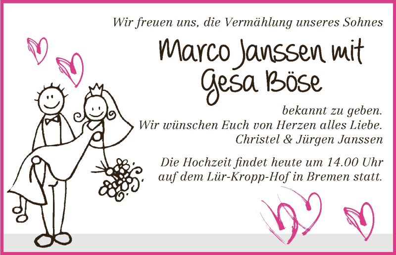 Hochzeitsanzeige von Marco Janssen von Wuemme Zeitung