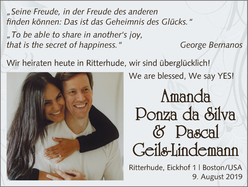 Hochzeitsanzeige von Amanda Ponza da Silva von Osterholzer Kreisblatt