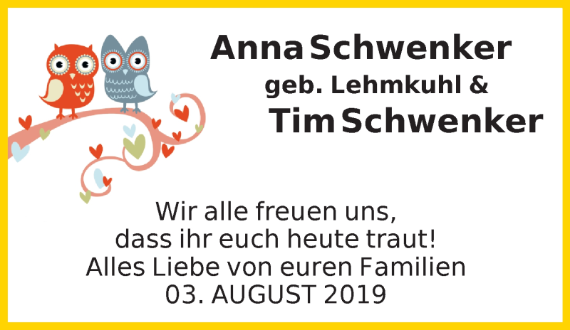Hochzeitsanzeige von Anna Schwenker von WESER-KURIER