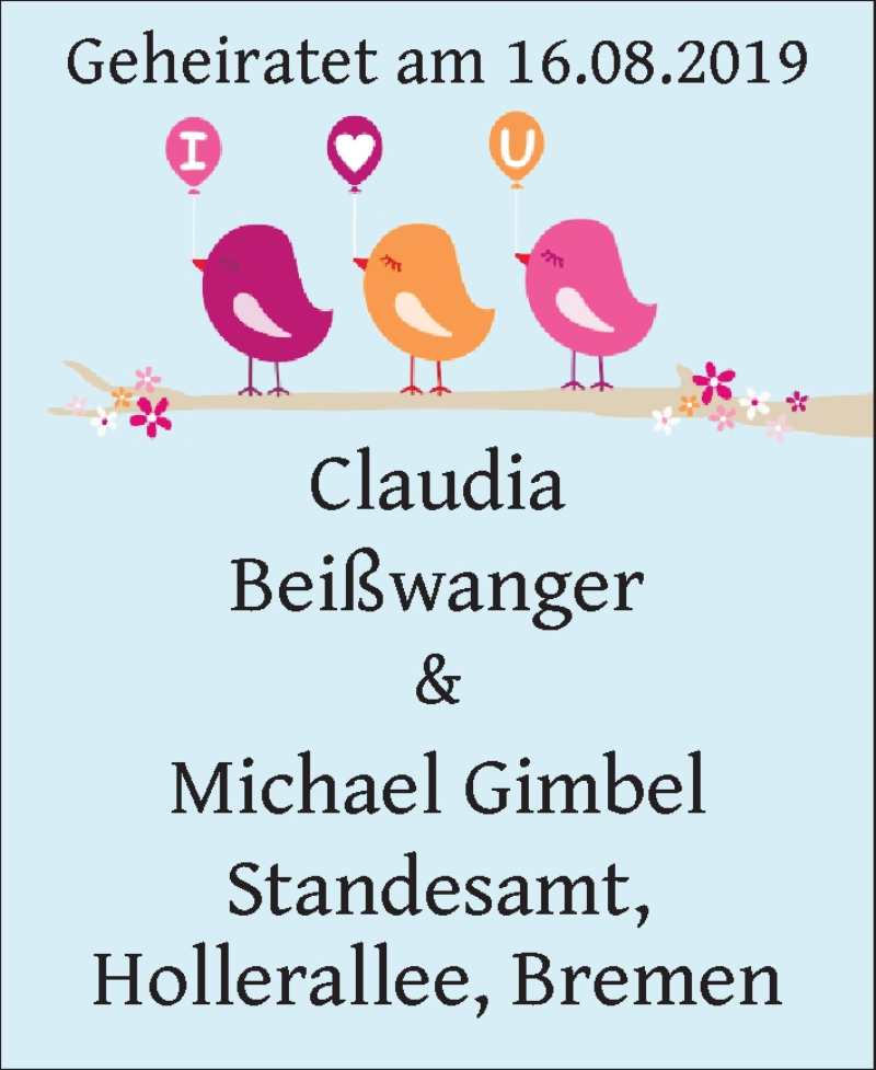 Hochzeitsanzeige von Claudia  von WESER-KURIER