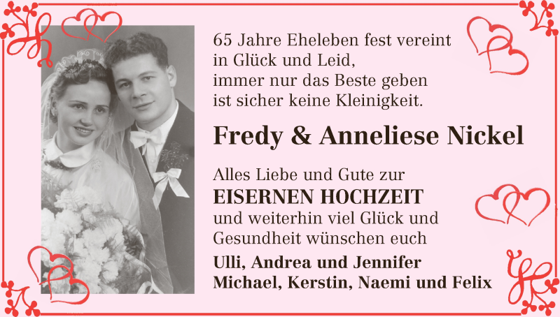 Hochzeitsanzeige von Fredy Nickel von Die Norddeutsche