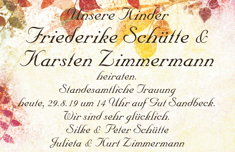 Hochzeitsanzeige von Friederike Schütte von Osterholzer Kreisblatt