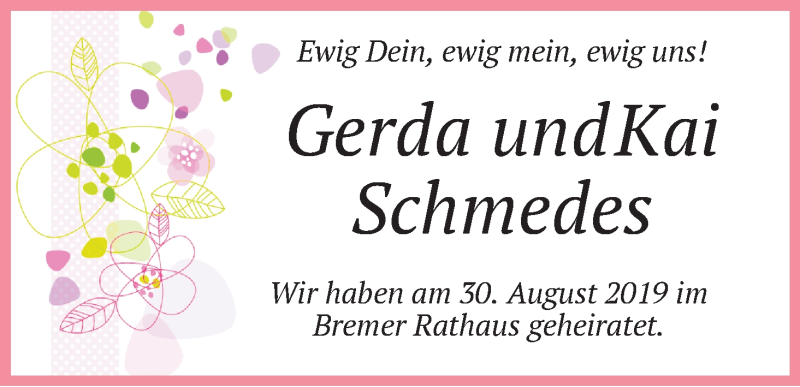 Hochzeitsanzeige von Gerda Schmedes von WESER-KURIER