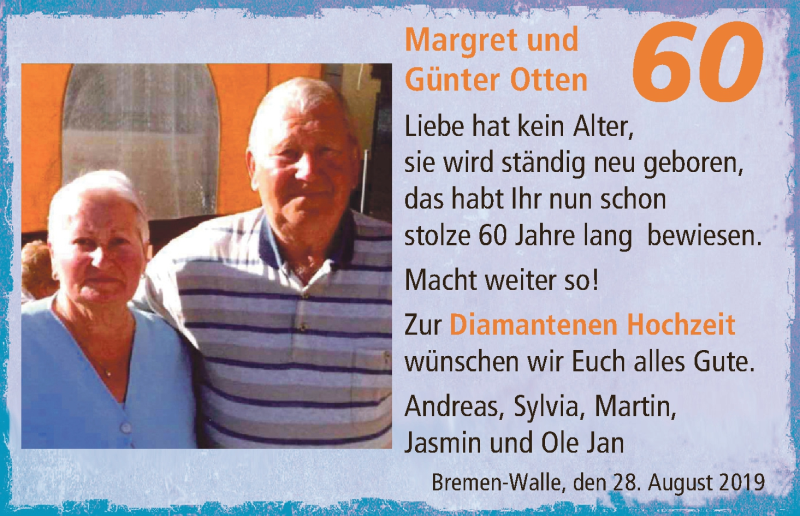 Hochzeitsanzeige von Margret Otten von WESER-KURIER