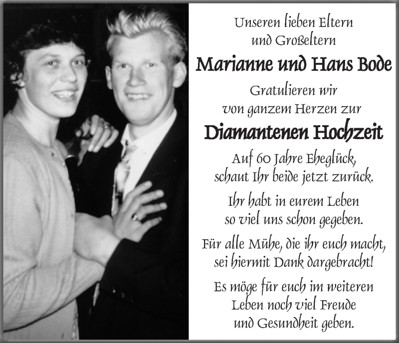 Hochzeitsanzeige von Marianne Bode von Wuemme Zeitung