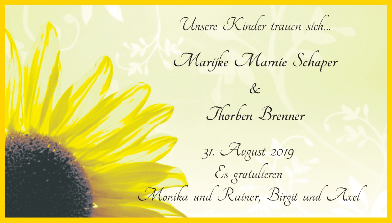 Hochzeitsanzeige von Marijke Marnie Schaper von WESER-KURIER