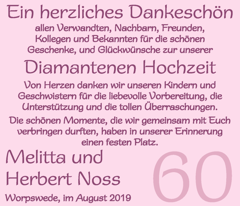 Hochzeitsanzeige von Melitta Noss von Osterholzer Kreisblatt
