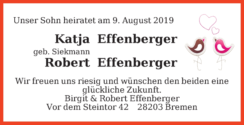 Hochzeitsanzeige von Robert Effenberger von WESER-KURIER