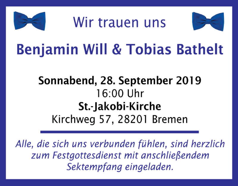 Hochzeitsanzeige von Benjamin Will von Achimer Kurier/Verdener Nachrichten