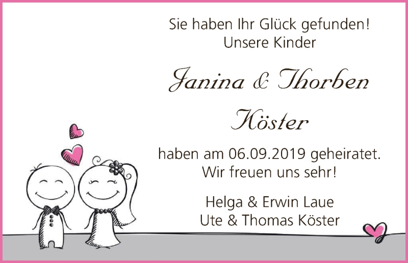 Hochzeitsanzeige von Janina Köster von Achimer Kurier/Verdener Nachrichten