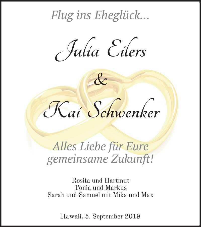 Hochzeitsanzeige von Julia Eilers von WESER-KURIER