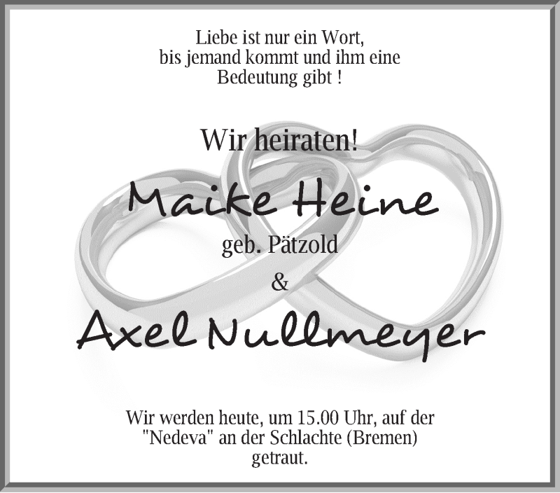 Hochzeitsanzeige von Maike Heine von WESER-KURIER
