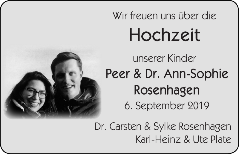 Hochzeitsanzeige von Peer Rosenhagen von WESER-KURIER