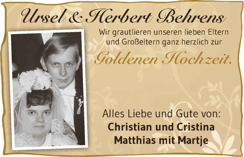 Hochzeitsanzeige von Ursel Behrens von Wuemme Zeitung