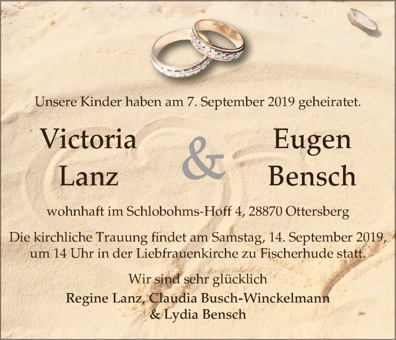 Hochzeitsanzeige von Victoria Lanz von WESER-KURIER