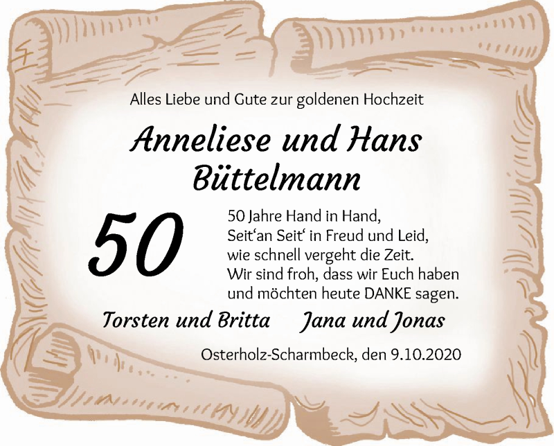 Hochzeitsanzeige von Anneliese Büttelmann von Osterholzer Kreisblatt