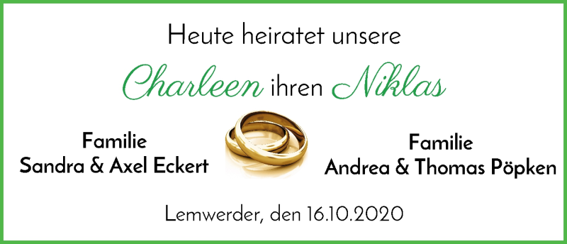 Hochzeitsanzeige von Charleen  von Die Norddeutsche