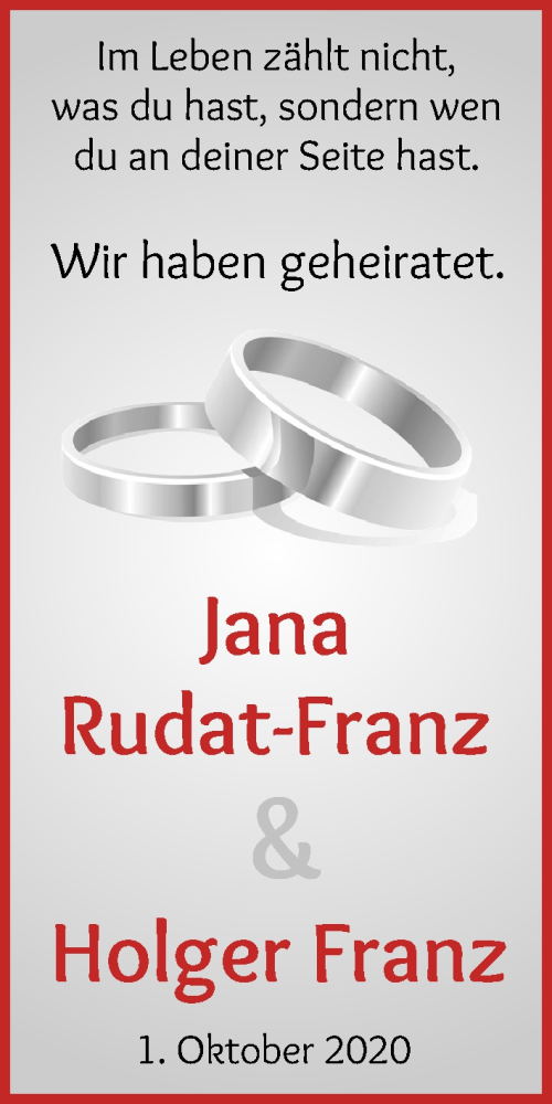 Hochzeitsanzeige von Jana Rudat-Franz von WESER-KURIER
