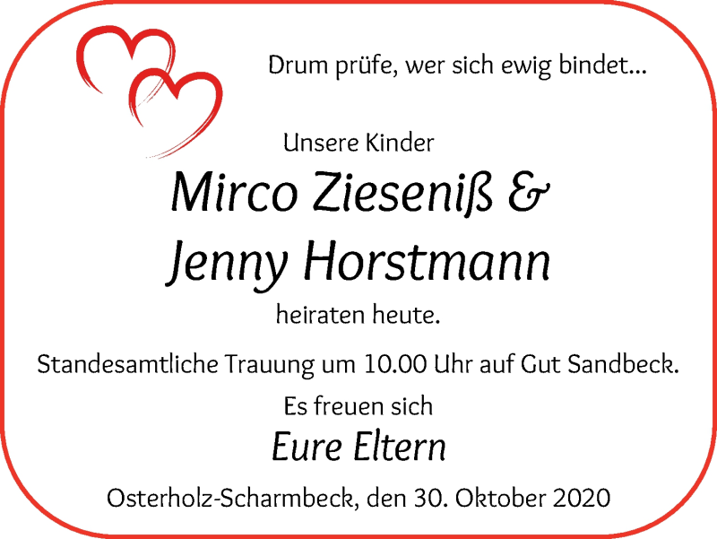 Hochzeitsanzeige von Jenny Horstmann von Osterholzer Kreisblatt