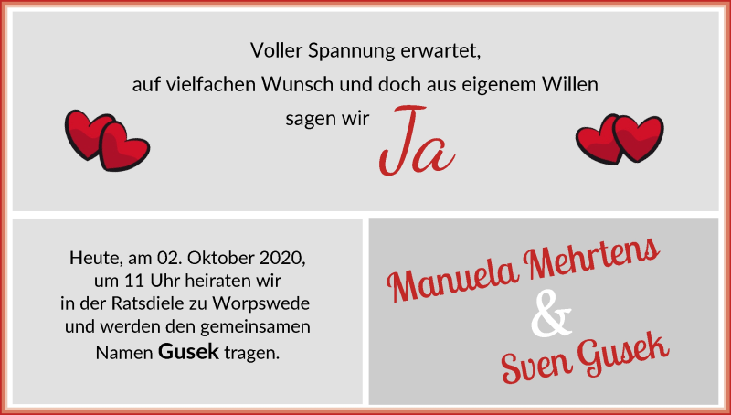 Hochzeitsanzeige von Manuela  von Wuemme Zeitung