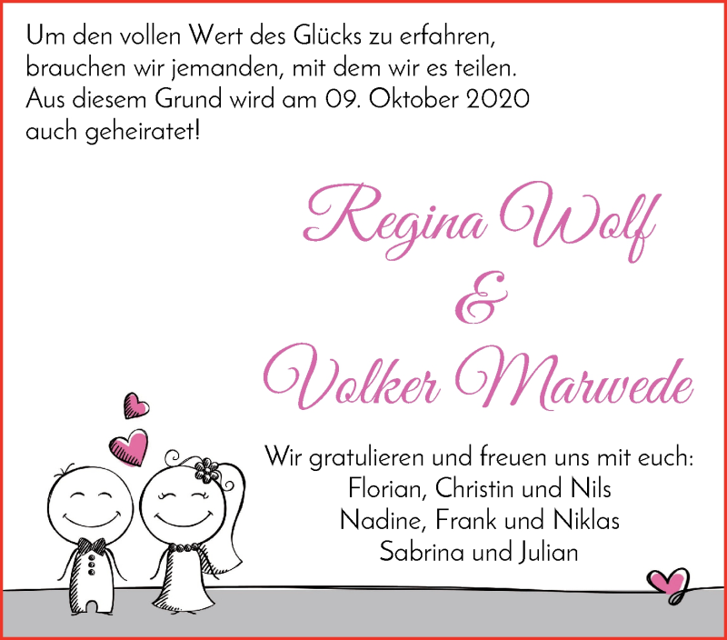 Hochzeitsanzeige von Regina Wolf von Die Norddeutsche