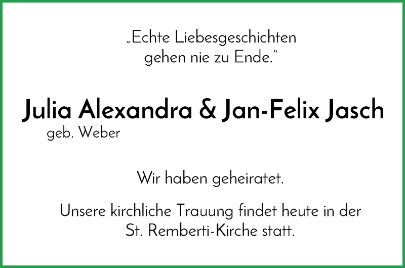Hochzeitsanzeige von Julia Alexandra Jasch von WESER-KURIER