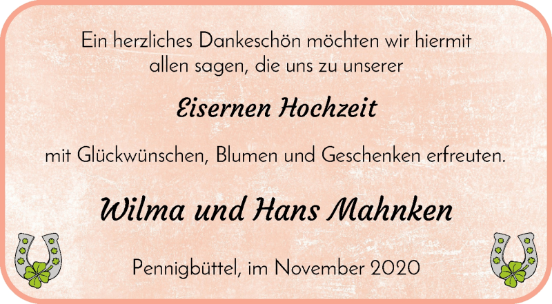 Hochzeitsanzeige von Wilma Mahnken von Osterholzer Kreisblatt