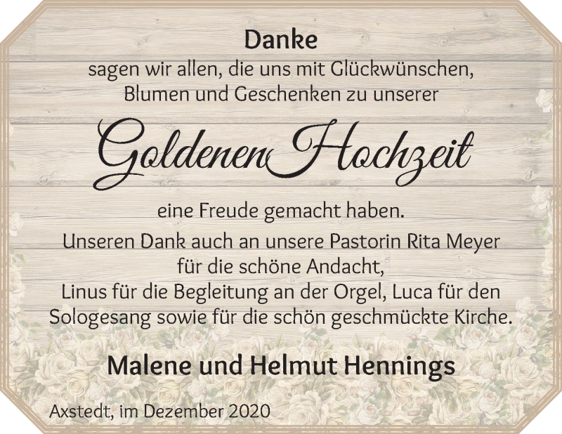 Hochzeitsanzeige von Marlene Hennings von Osterholzer Kreisblatt