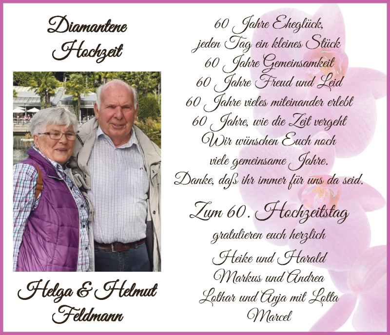 Hochzeitsanzeige von Helga Feldmann von Wuemme Zeitung