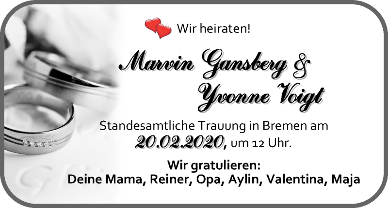 Hochzeitsanzeige von Marvin Gansberg von WESER-KURIER
