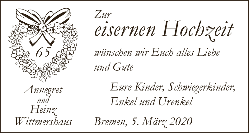Hochzeitsanzeige von Annegret Wittmershaus von WESER-KURIER