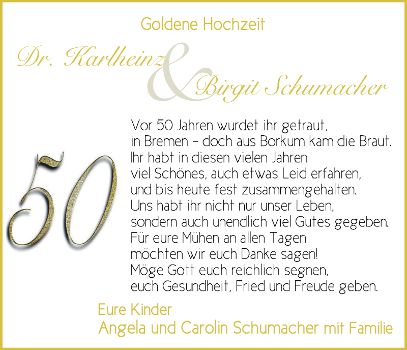 Hochzeitsanzeige von Karlheinz Schumacher von WESER-KURIER