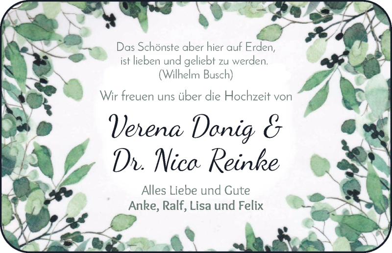 Hochzeitsanzeige von Verena Donig von WESER-KURIER