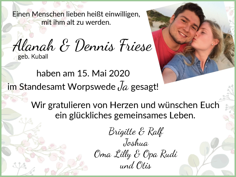 Hochzeitsanzeige von Alanah Kuball von Osterholzer Kreisblatt