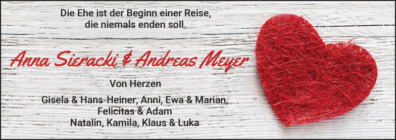 Hochzeitsanzeige von Anna Sieracki von WESER-KURIER