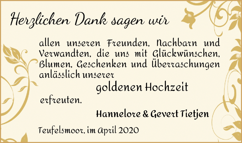 Hochzeitsanzeige von Hannelore Tietjen von Osterholzer Kreisblatt