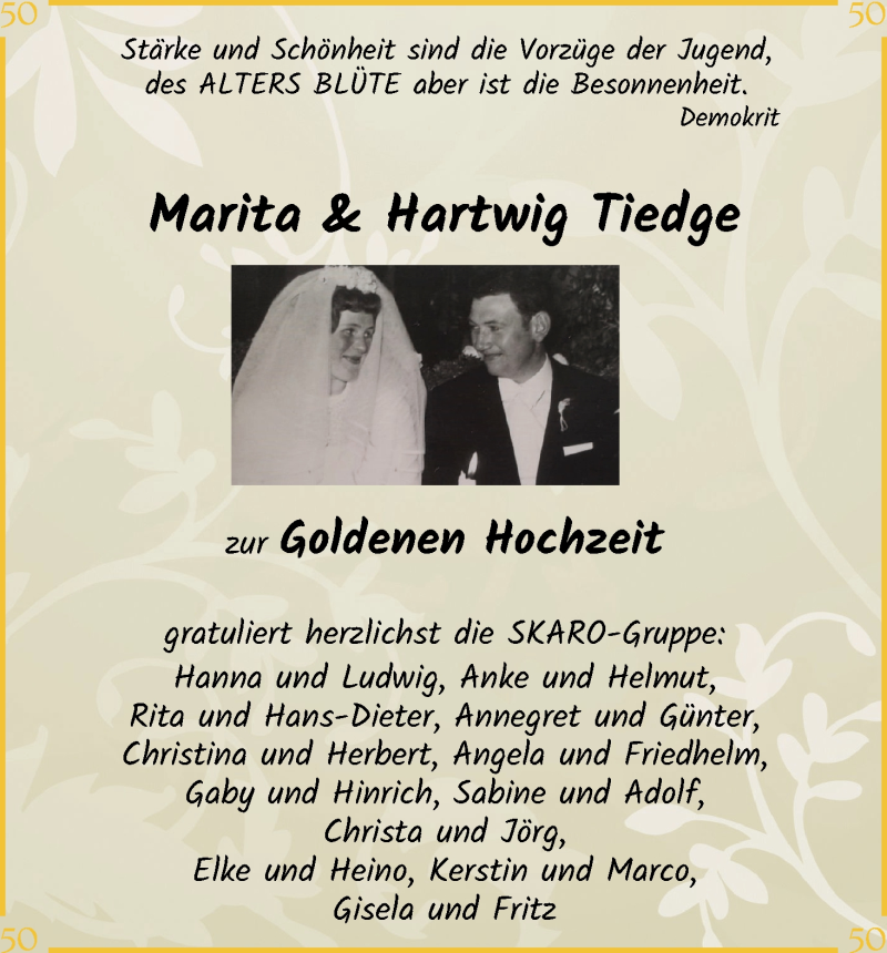 Hochzeitsanzeige von Marita Tiedge von Die Norddeutsche