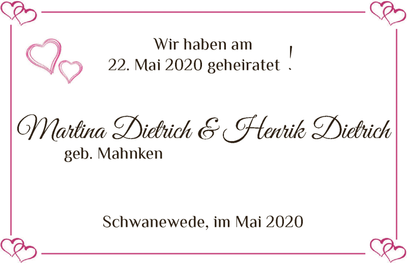 Hochzeitsanzeige von Martina  Dietrich von Die Norddeutsche