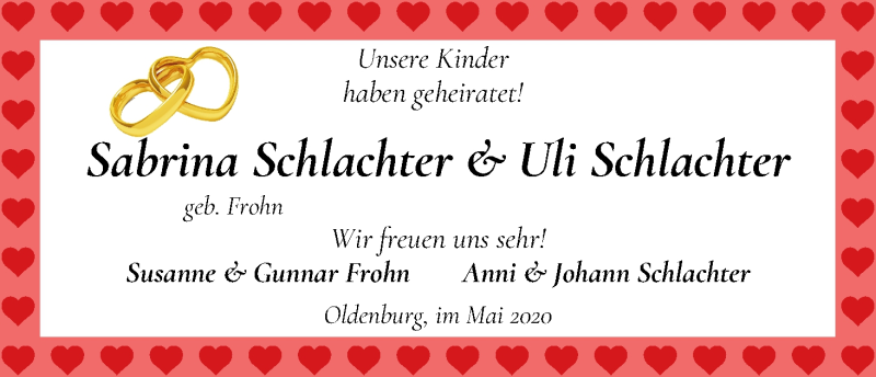 Hochzeitsanzeige von Sabrina Schlachter von WESER-KURIER