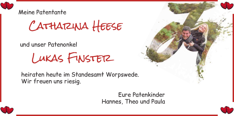 Hochzeitsanzeige von Catharina Heese von Wuemme Zeitung