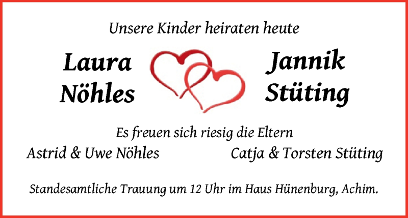 Hochzeitsanzeige von Laura Nöhles von WESER-KURIER