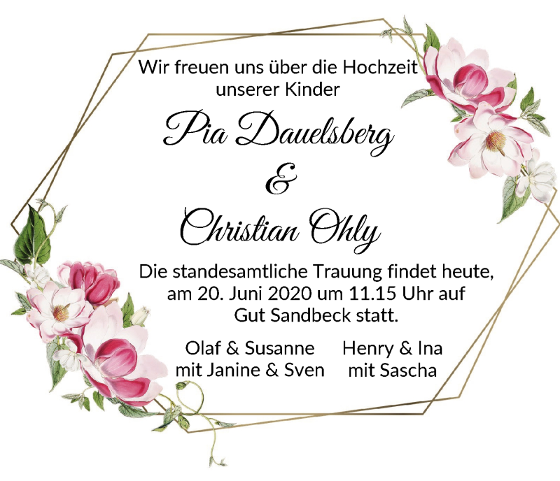 Hochzeitsanzeige von Pia Dauelsberg von Osterholzer Kreisblatt