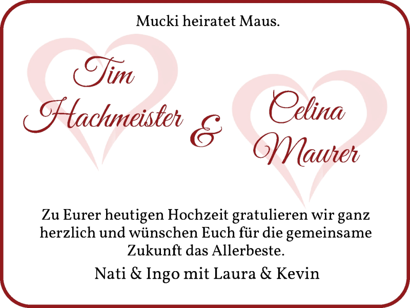 Hochzeitsanzeige von Celina Maurer von Die Norddeutsche